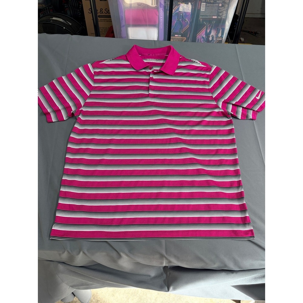 Nike Golf Tour Performance Polo Shirt Mens XL‎ Pink Black Striped Dri-FIT 639710